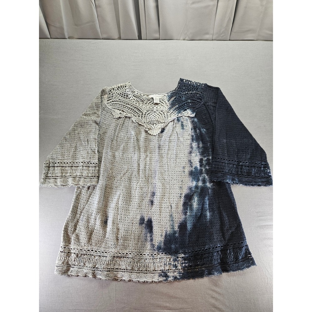 Contrast Tie Dye Crochet Lace Tunic Top Womens 1X Grey Navy Cotton PSH009TPLS